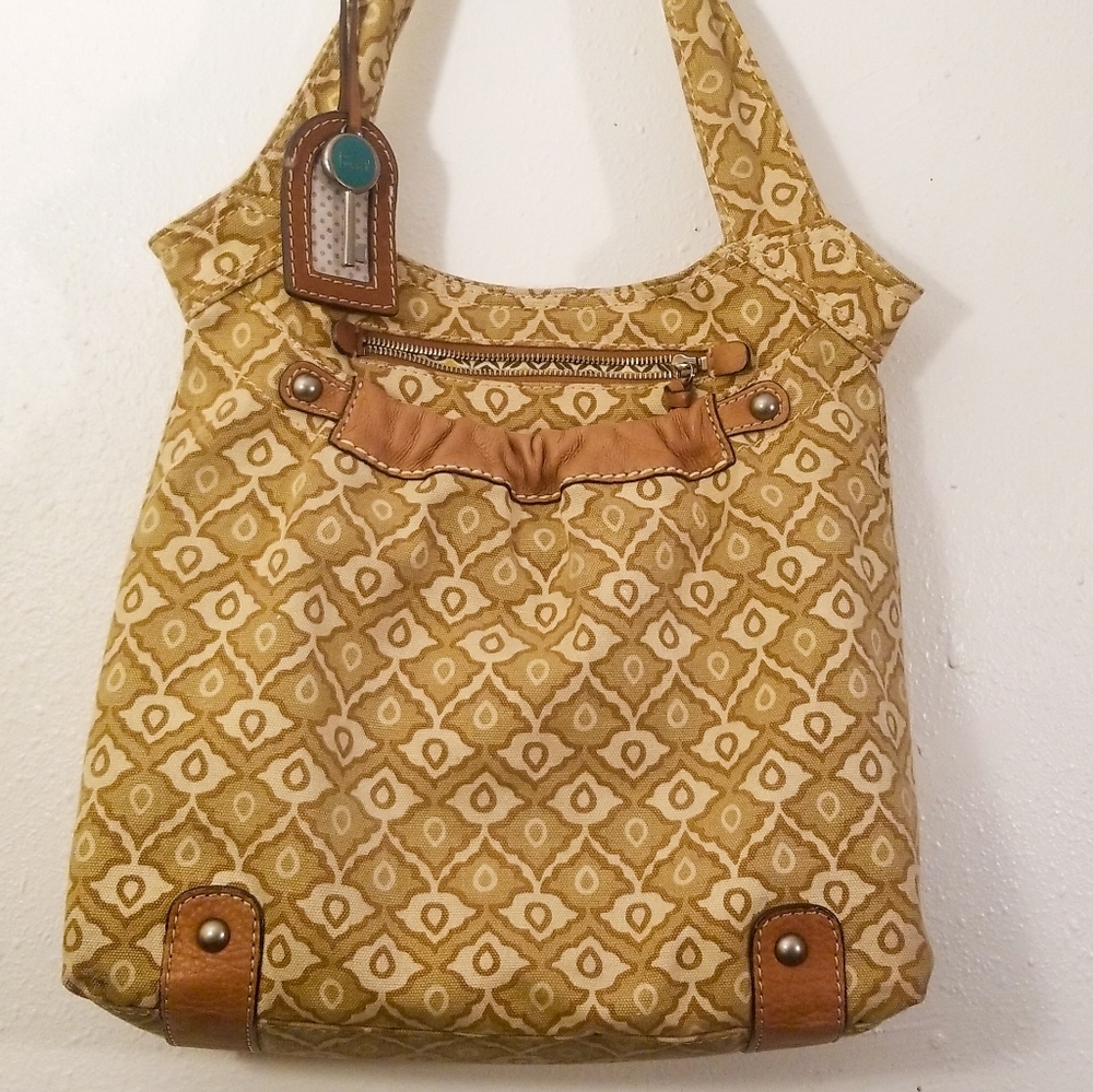 Fossil. Beige Patterned Canvas Style Shoulder Bag… - image 1